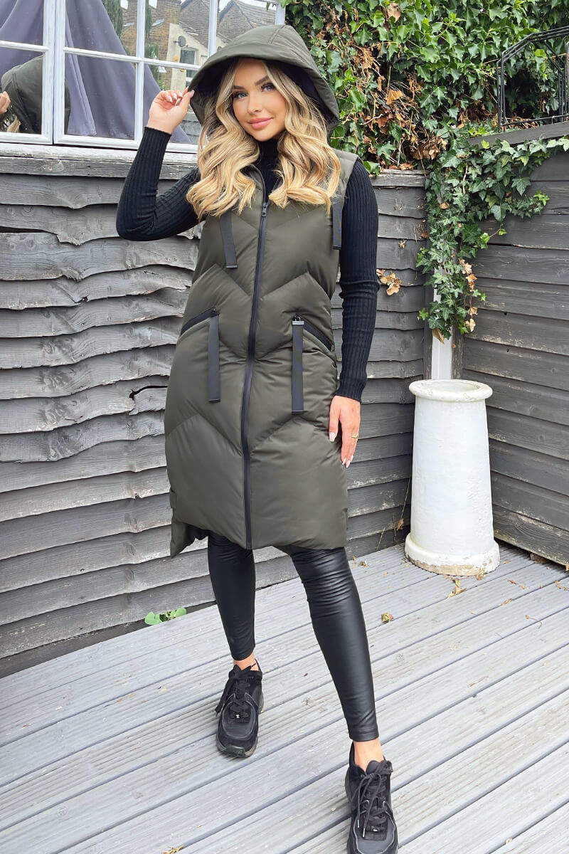 Khaki Hooded Zip Up Gilet - Image 7