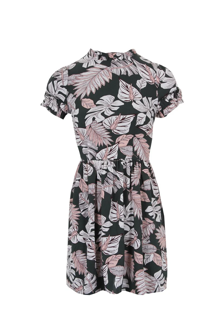 Khaki Leaf Style Print With Frill Detail Mini Dress - Image 4