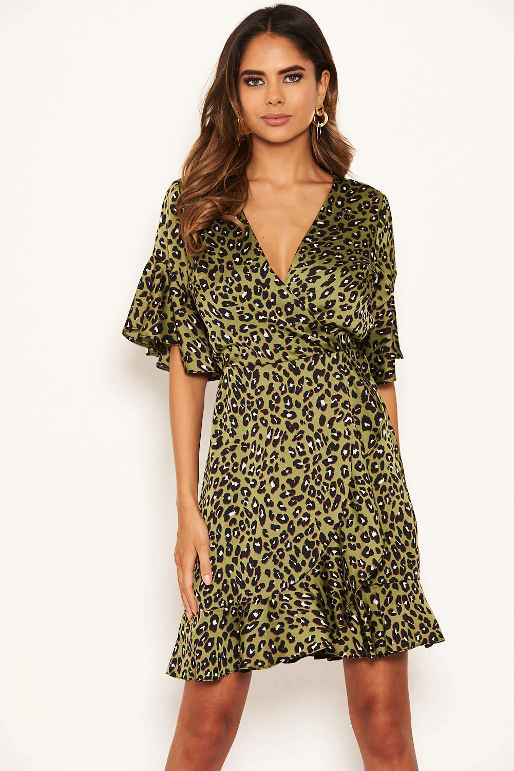 Khaki Leopard Print Full Wrap Mini Dress - Image 2