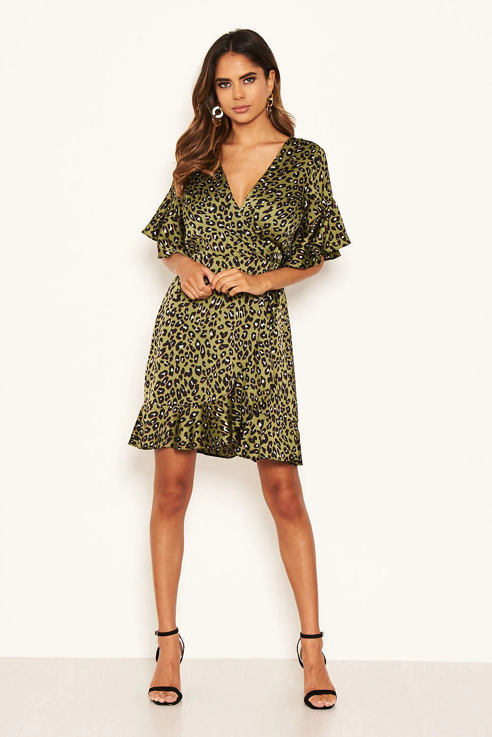 Khaki Leopard Print Full Wrap Mini Dress - Image 3