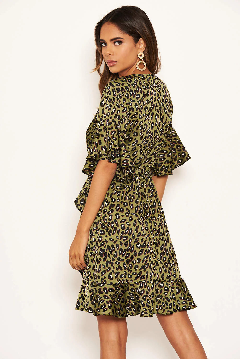 Khaki Leopard Print Full Wrap Mini Dress - Image 4
