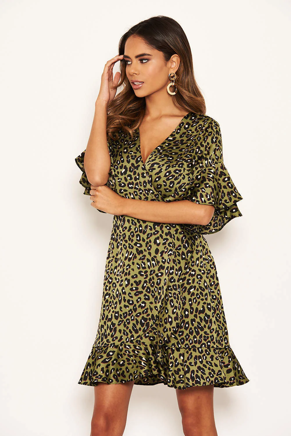 Khaki Leopard Print Full Wrap Mini Dress - Image 5