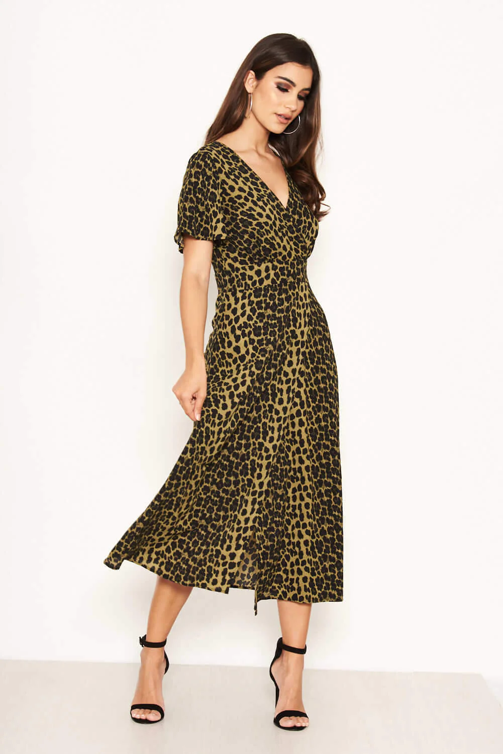 Khaki Leopard Print Wrap Midi Dress - Image 3