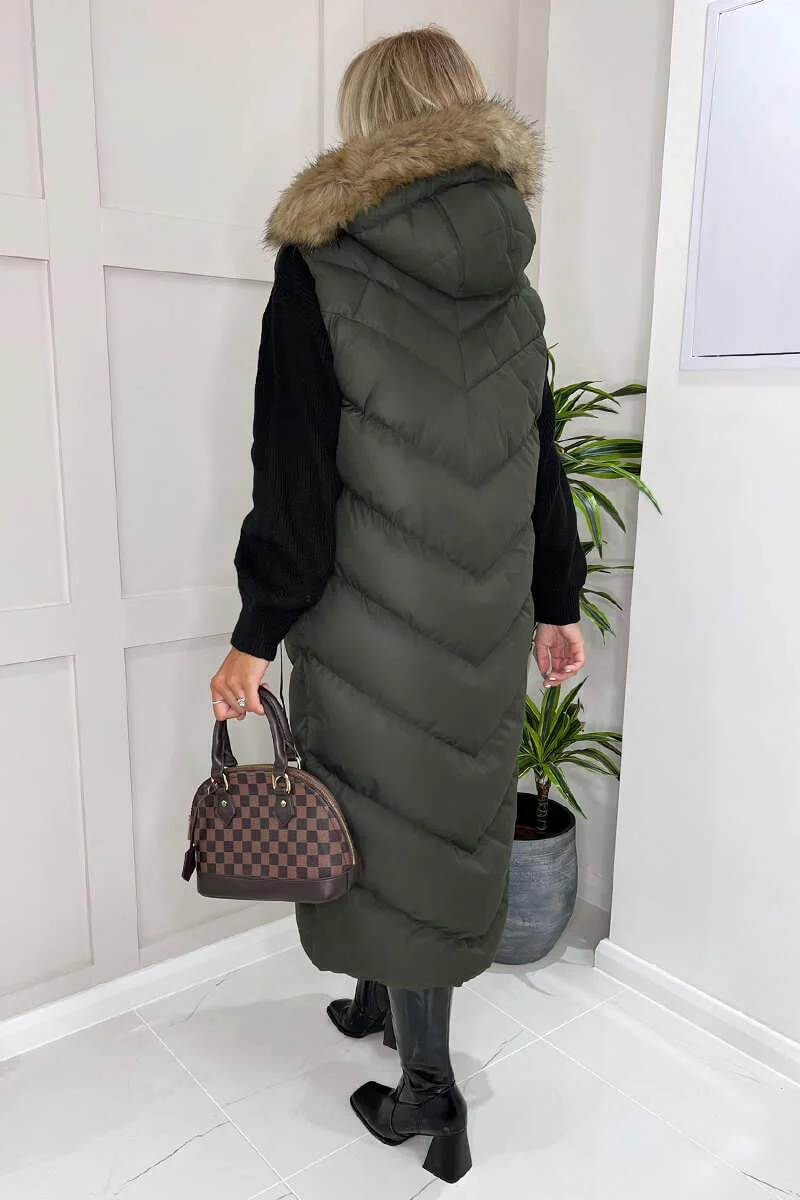 Khaki Longline Faux Fur Hooded Gilet - Image 2