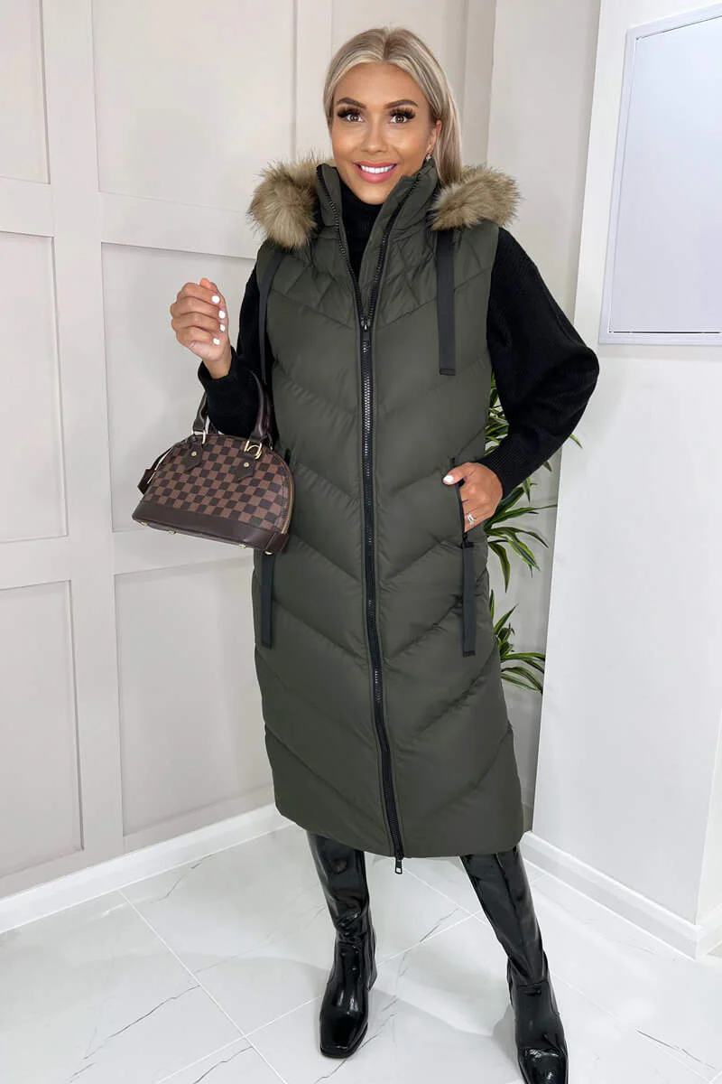Khaki Longline Faux Fur Hooded Gilet - Image 3