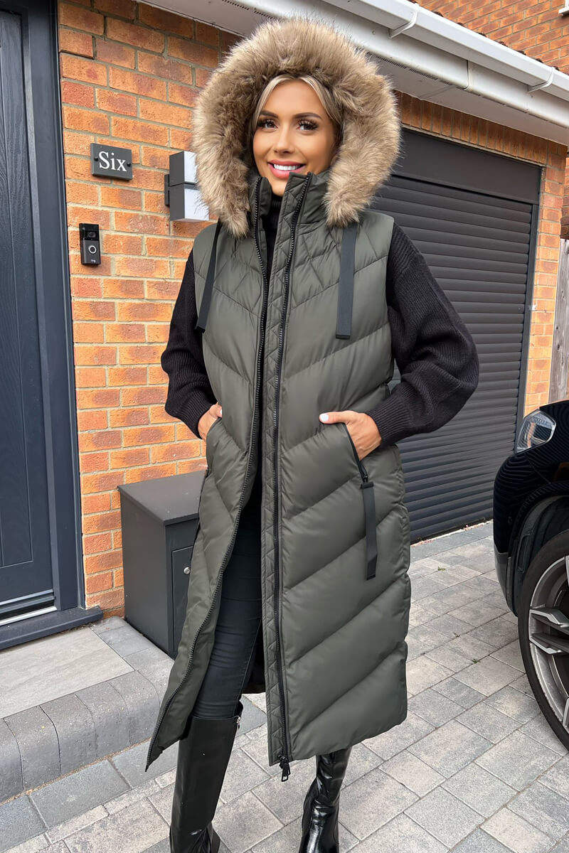 Khaki Longline Faux Fur Hooded Gilet - Image 4