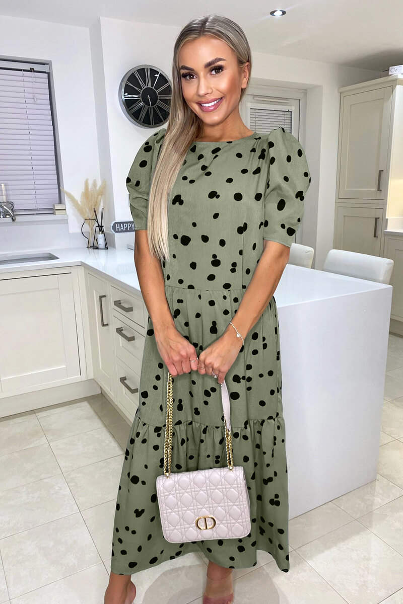 Khaki Polka Dot Short Sleeve Tiered Midi Dress - Image 2