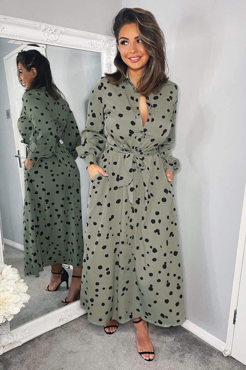 Khaki Printed Button Up Midi Shirt Dress - Image 3