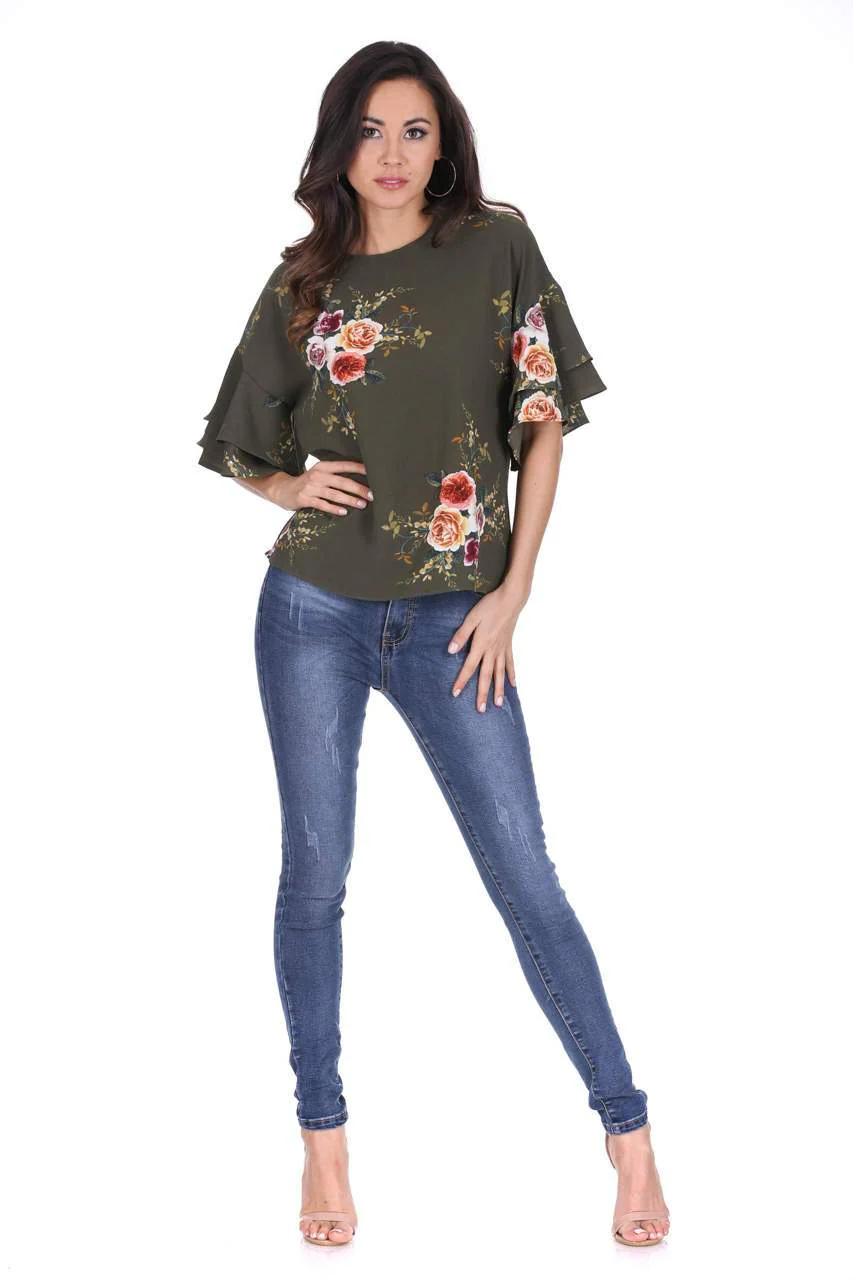 Khaki Printed Flared Sleeve Top - Image 2