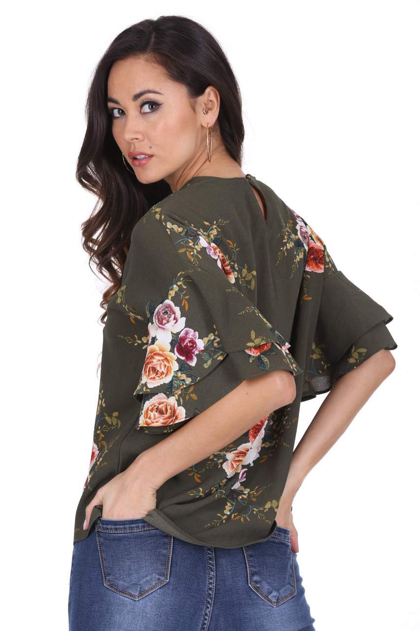 Khaki Printed Flared Sleeve Top - Image 3