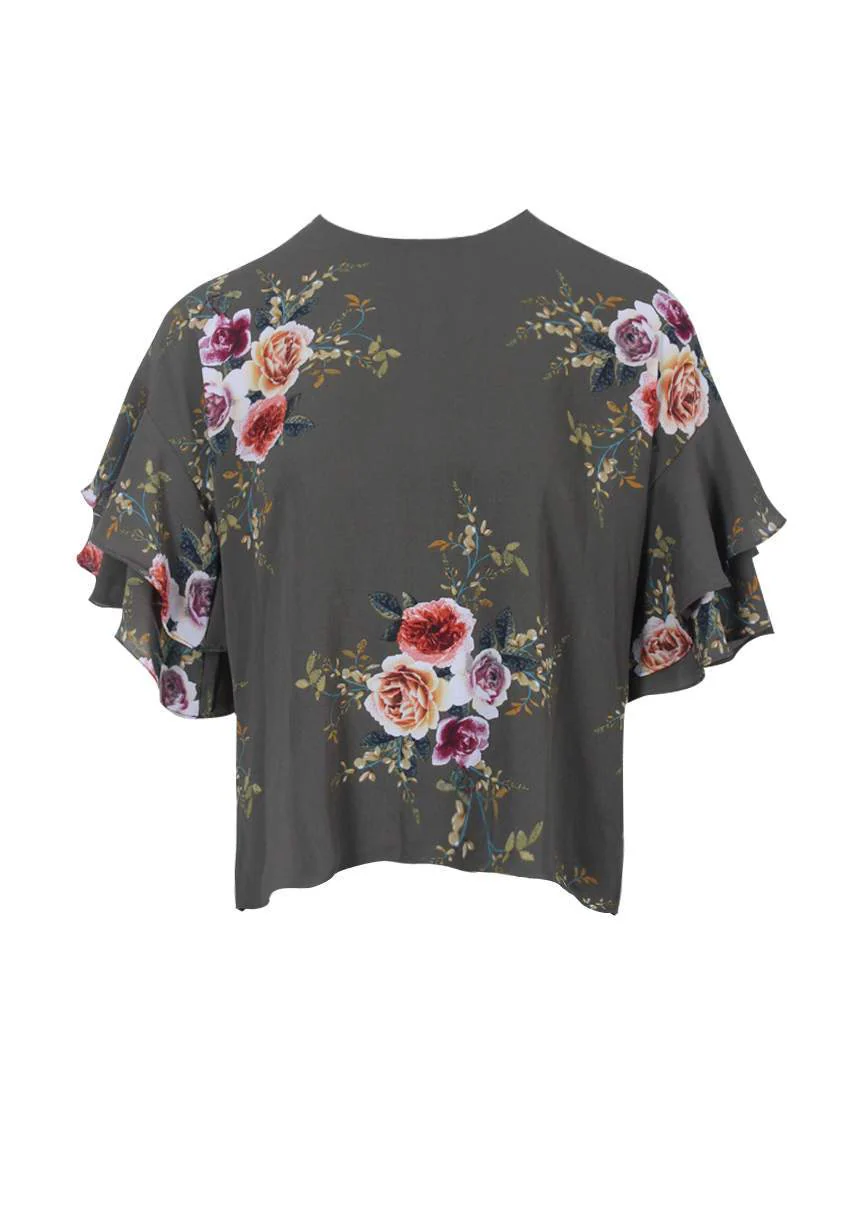 Khaki Printed Flared Sleeve Top - Image 4