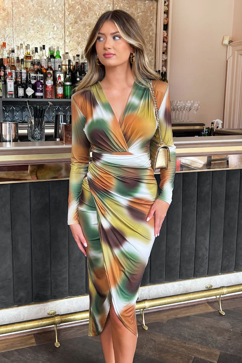 Khaki Printed Long Sleeve Wrap Midi Dress - Image 3