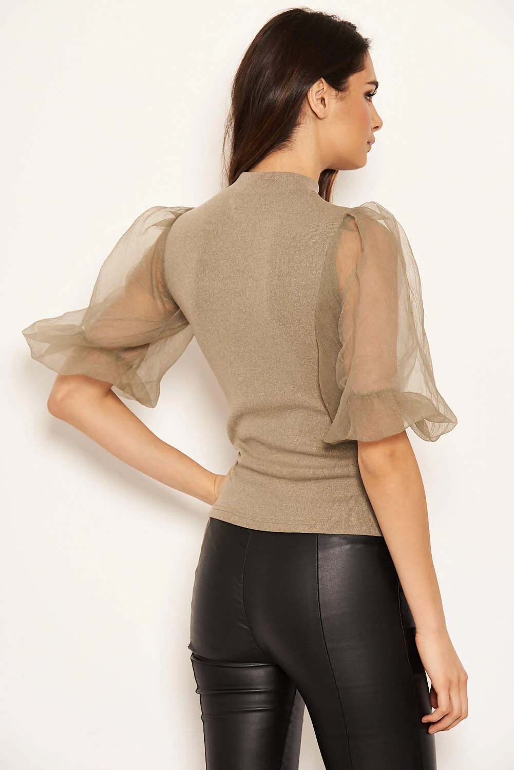 Khaki Puff Sleeve Knitted Top - Image 5