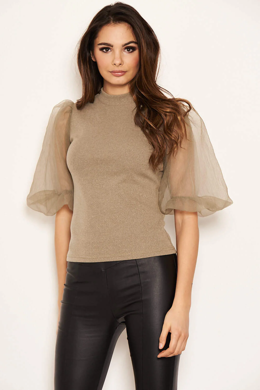 Khaki Puff Sleeve Knitted Top - Image 6