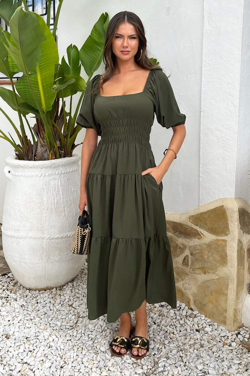 Khaki Puff Sleeve Shirred Waist Smock Midi Dress
