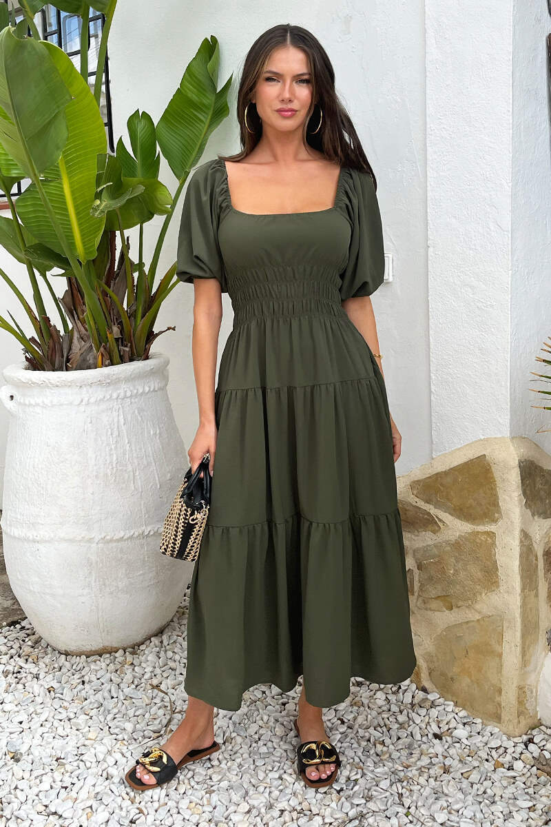 Khaki Puff Sleeve Shirred Waist Smock Midi Dress - Image 2