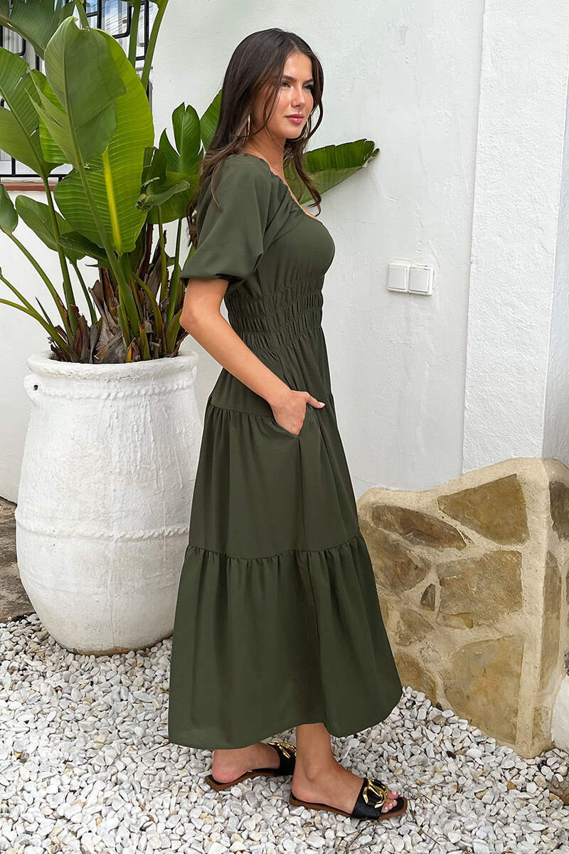 Khaki Puff Sleeve Shirred Waist Smock Midi Dress - Image 4