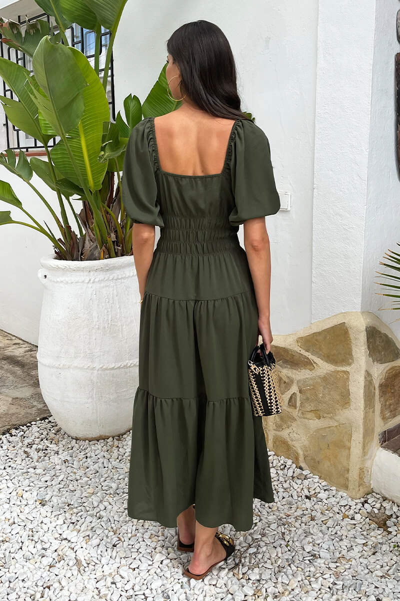 Khaki Puff Sleeve Shirred Waist Smock Midi Dress - Image 5