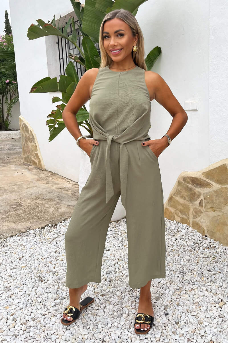 Khaki Racer Neck Tie Waist Jumpsuit - Image 2