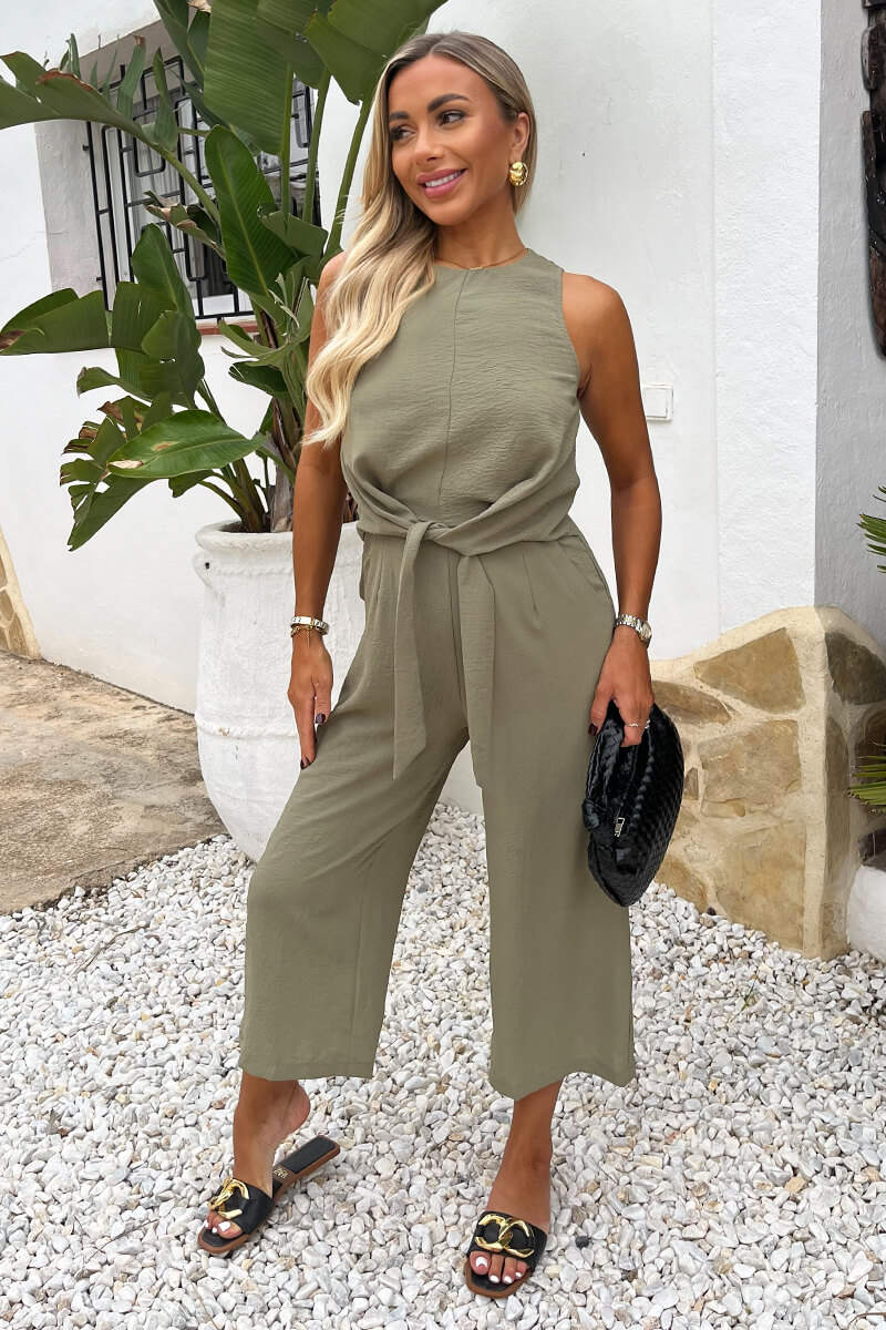 Khaki Racer Neck Tie Waist Jumpsuit - Image 3