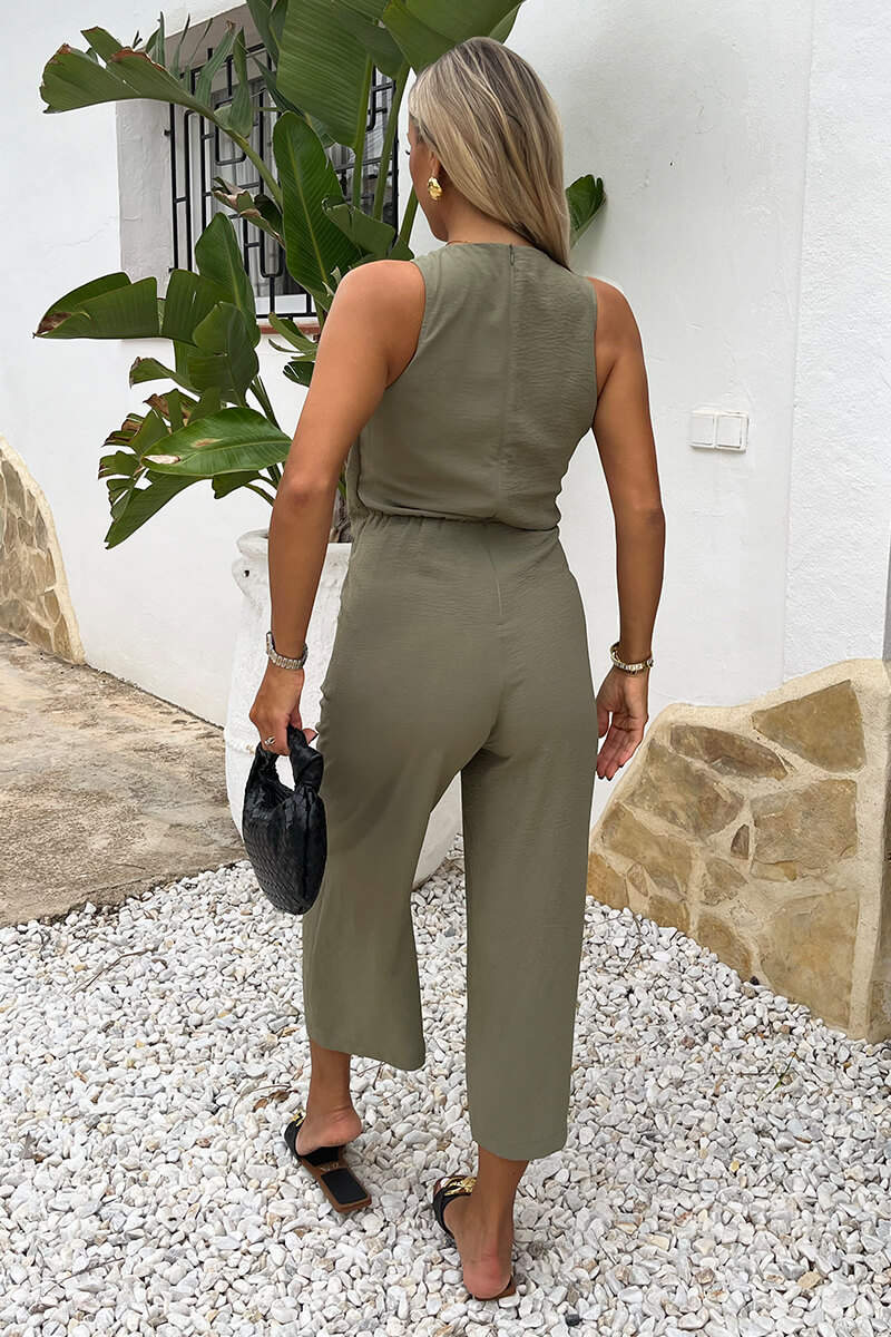 Khaki Racer Neck Tie Waist Jumpsuit - Image 5