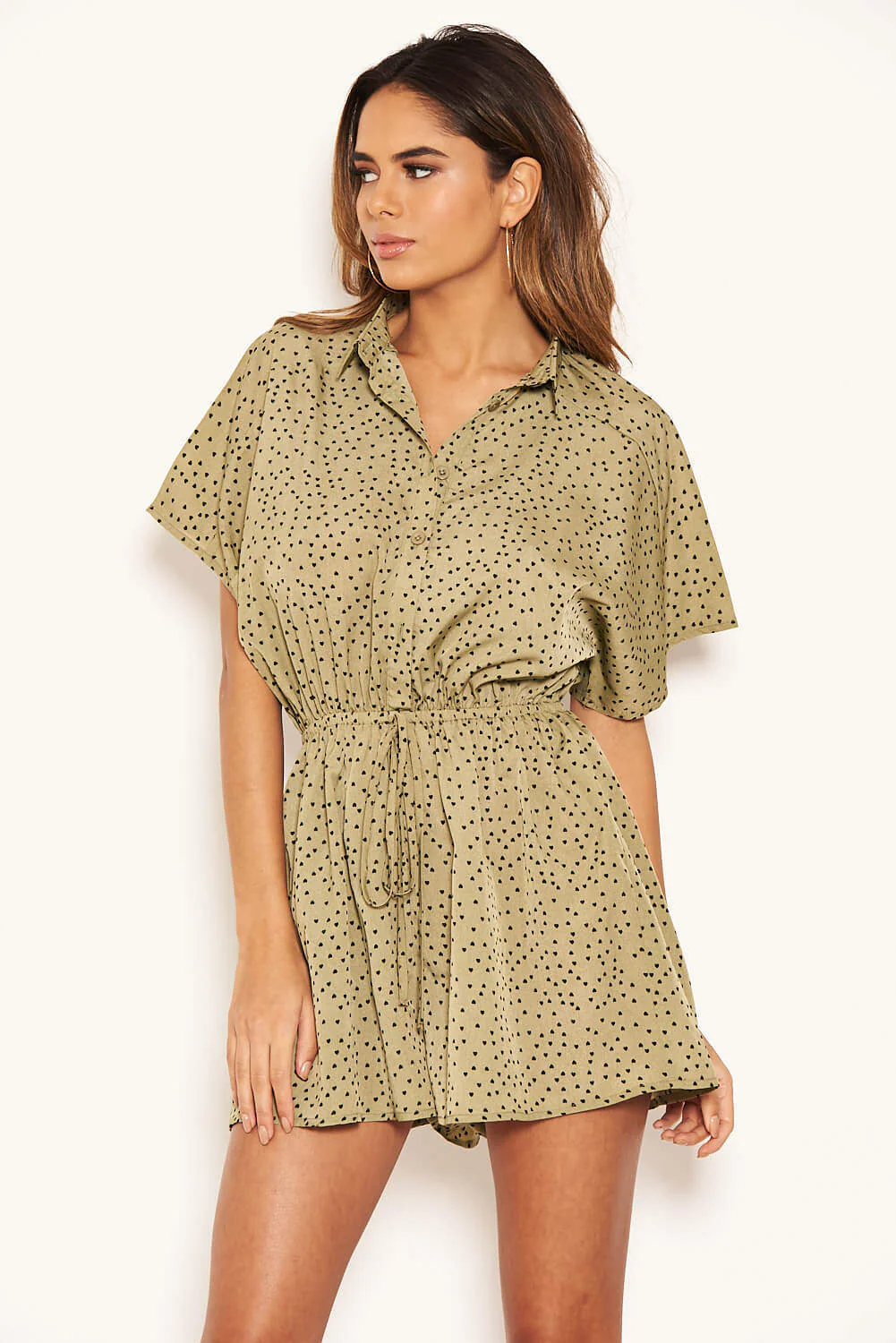 Khaki Shirt Style Love Heart Spotty Playsuit - Image 3