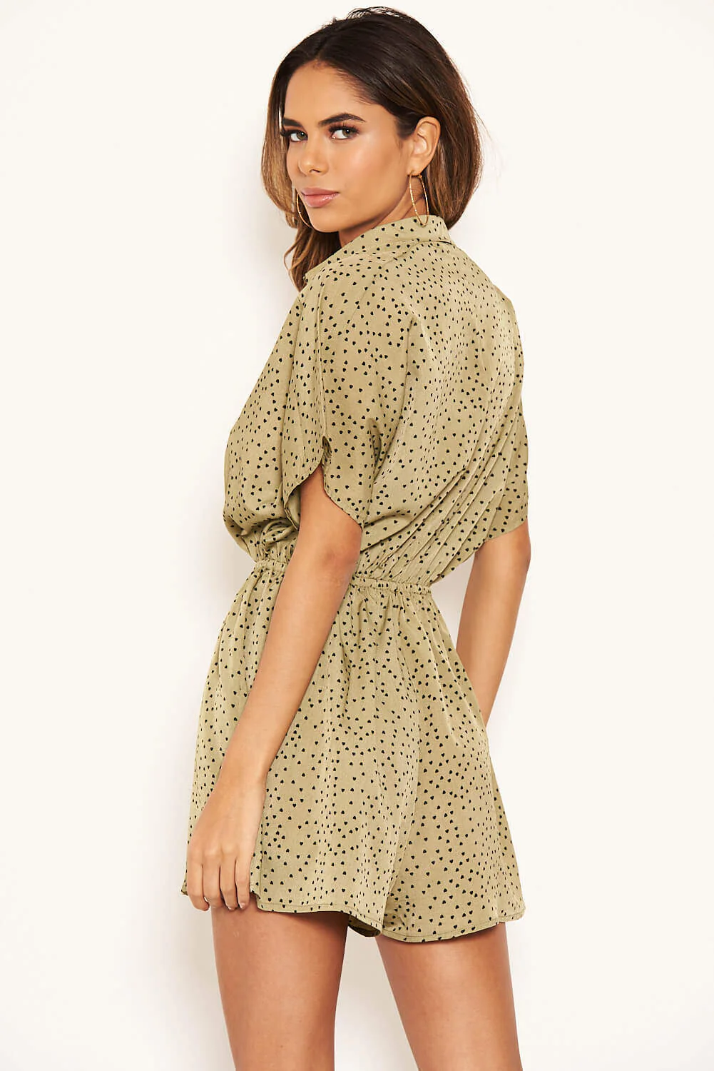 Khaki Shirt Style Love Heart Spotty Playsuit - Image 5