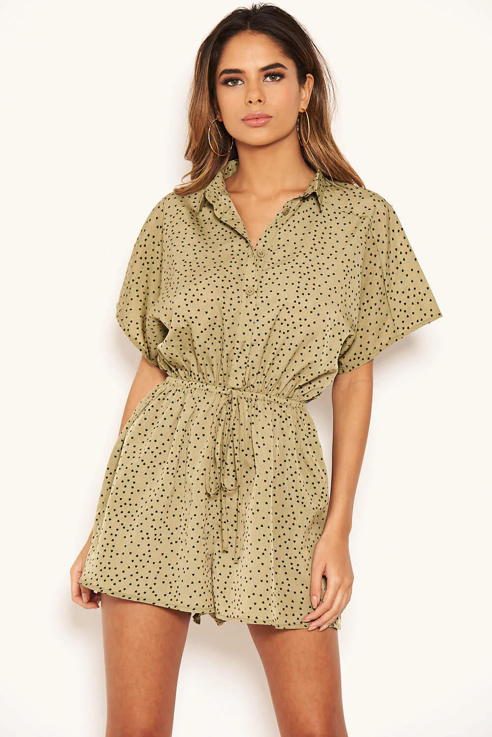 Khaki Shirt Style Love Heart Spotty Playsuit - Image 6