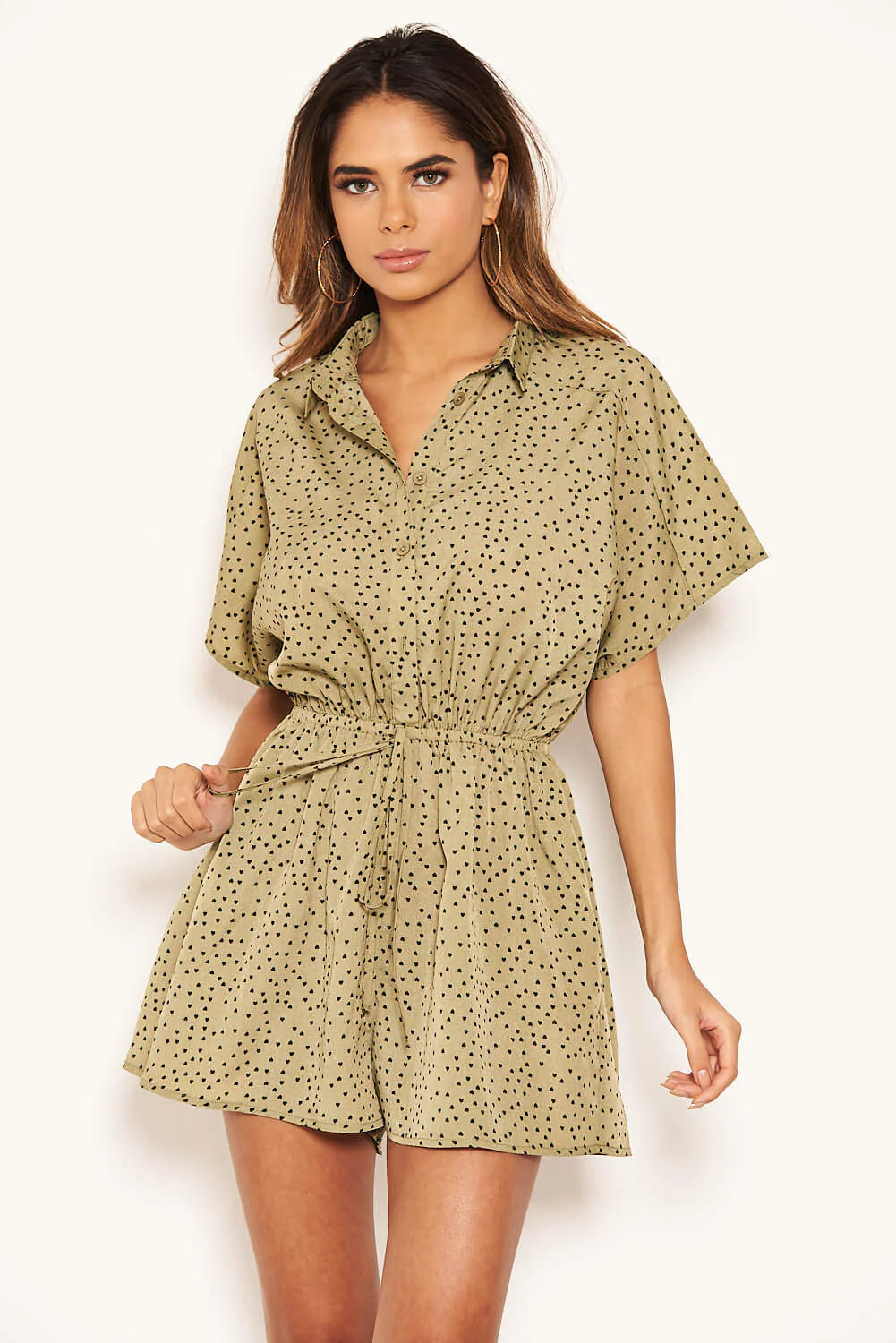 Khaki Shirt Style Love Heart Spotty Playsuit - Image 7