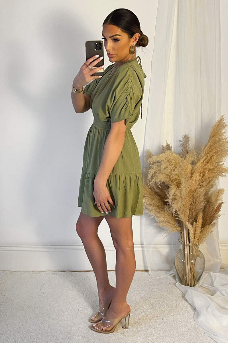 Khaki Short Sleeve Tie Back V Neck Mini Dress - Image 2