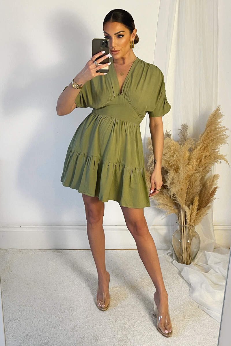 Khaki Short Sleeve Tie Back V Neck Mini Dress - Image 3