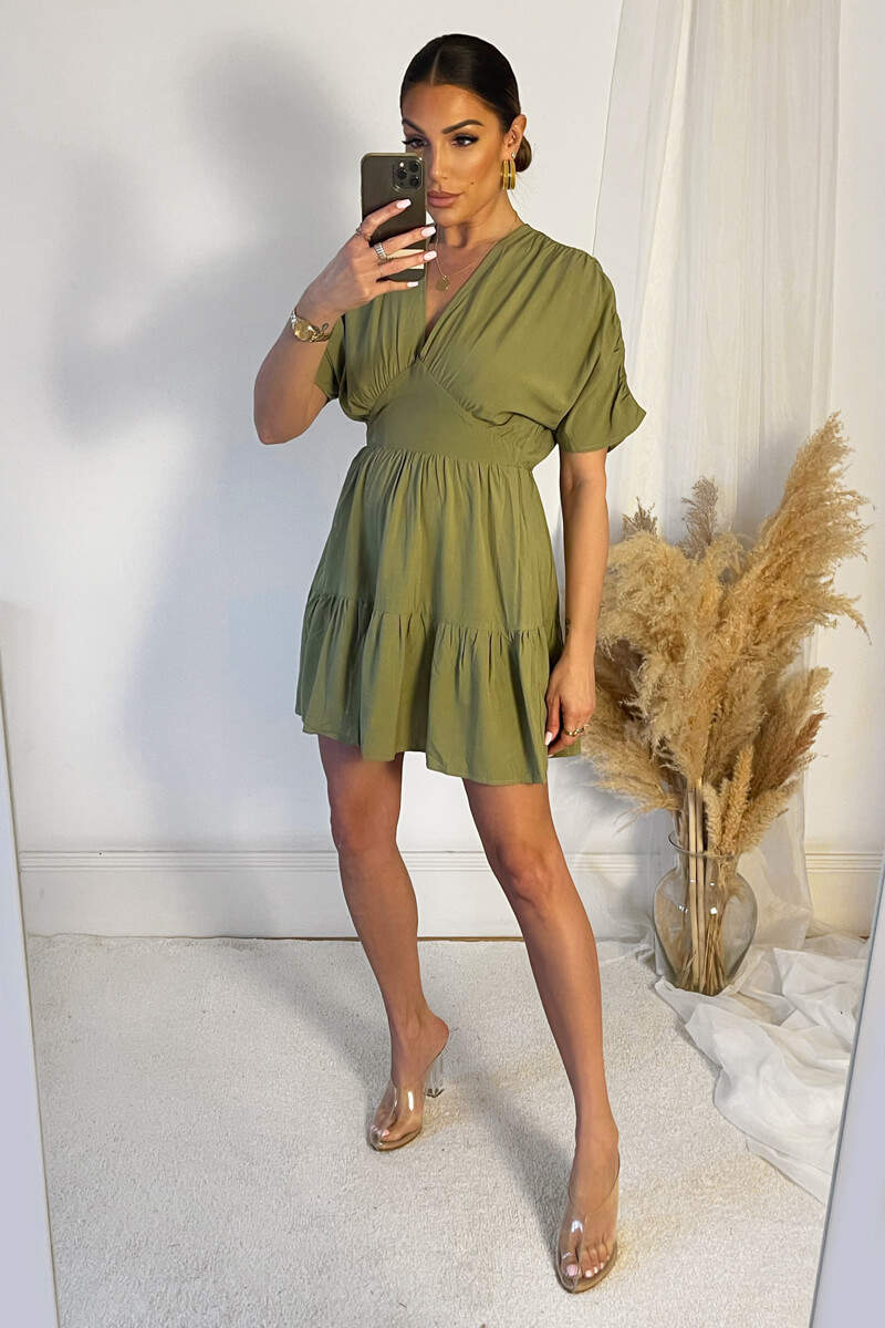 Khaki Short Sleeve Tie Back V Neck Mini Dress - Image 4