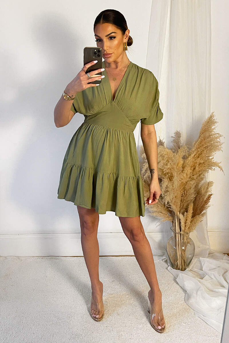 Khaki Short Sleeve Tie Back V Neck Mini Dress - Image 5