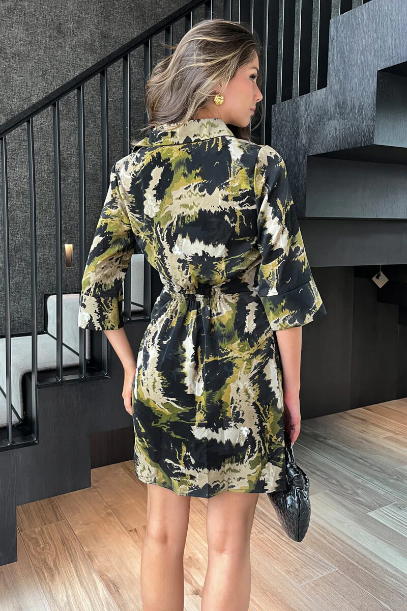 Khaki Smudge Print 3/4 Sleeve Gathered Waist Mini Shirt Dress - Image 4