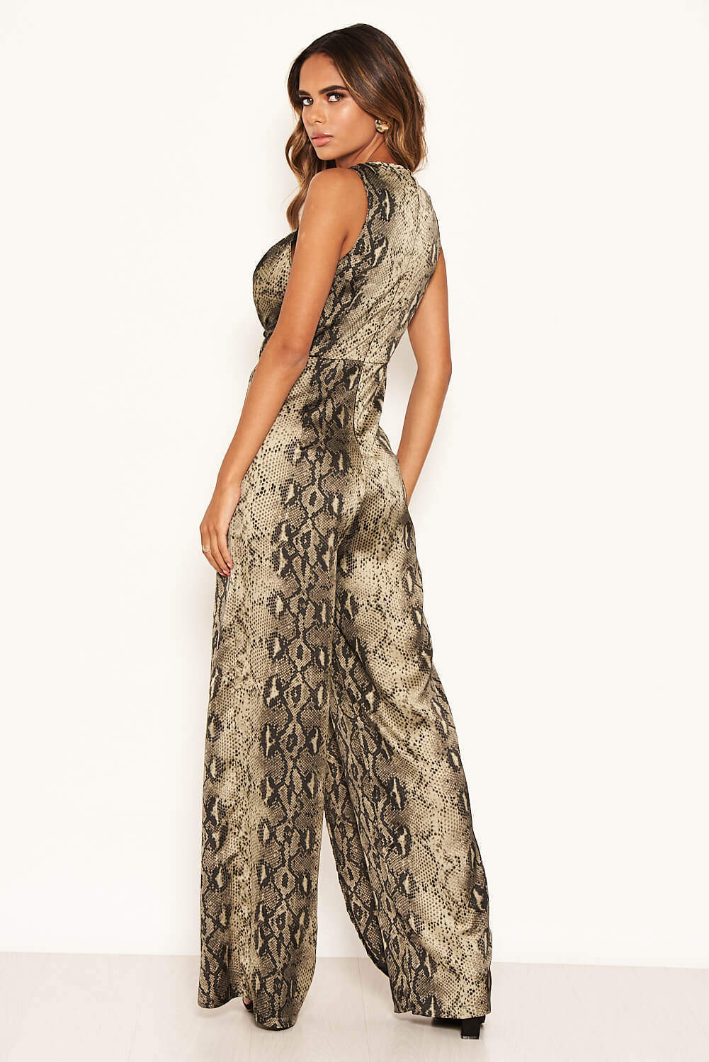 Khaki Snake Print Jumpsuit With Knot Front - Image 4