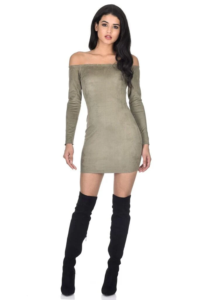 Khaki Suede Bardot Mini dress - Image 2