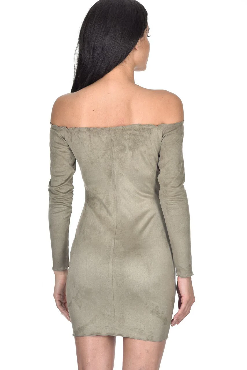 Khaki Suede Bardot Mini dress - Image 3