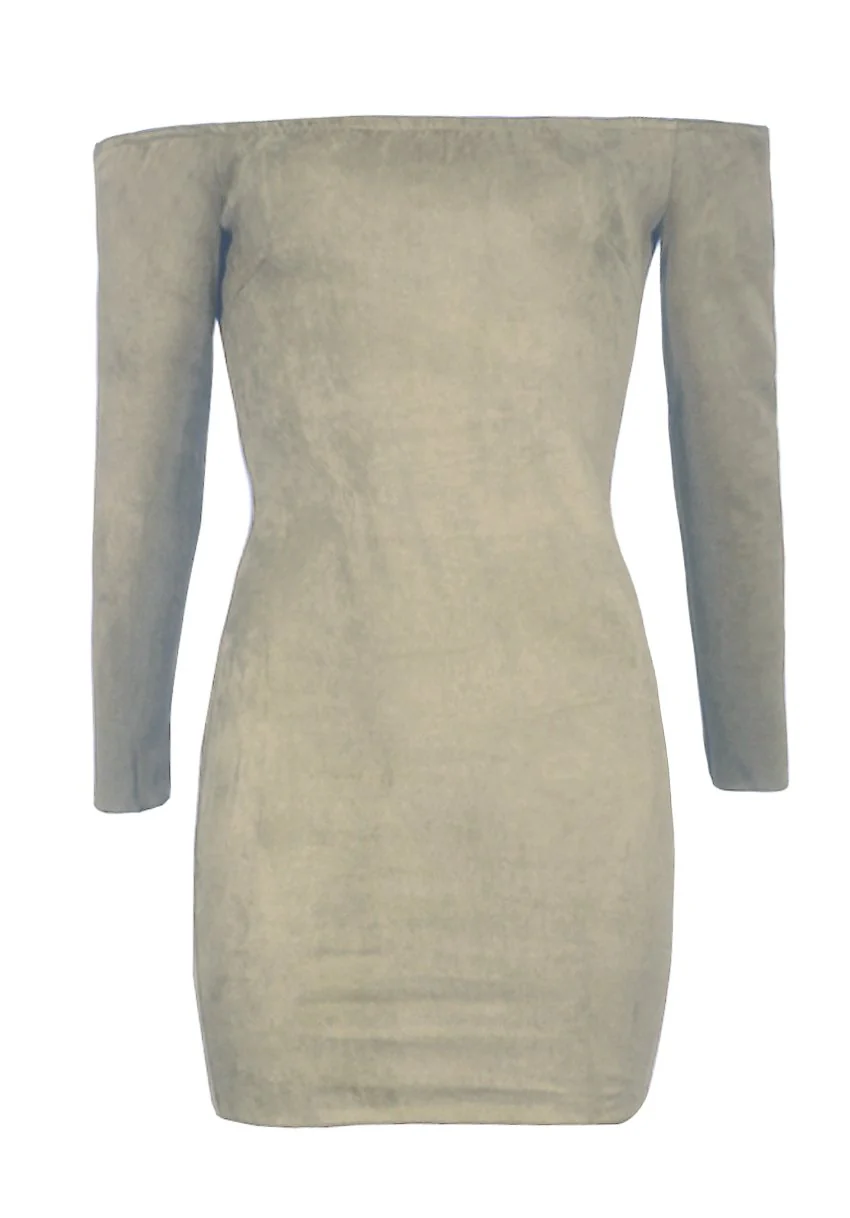 Khaki Suede Bardot Mini dress - Image 4