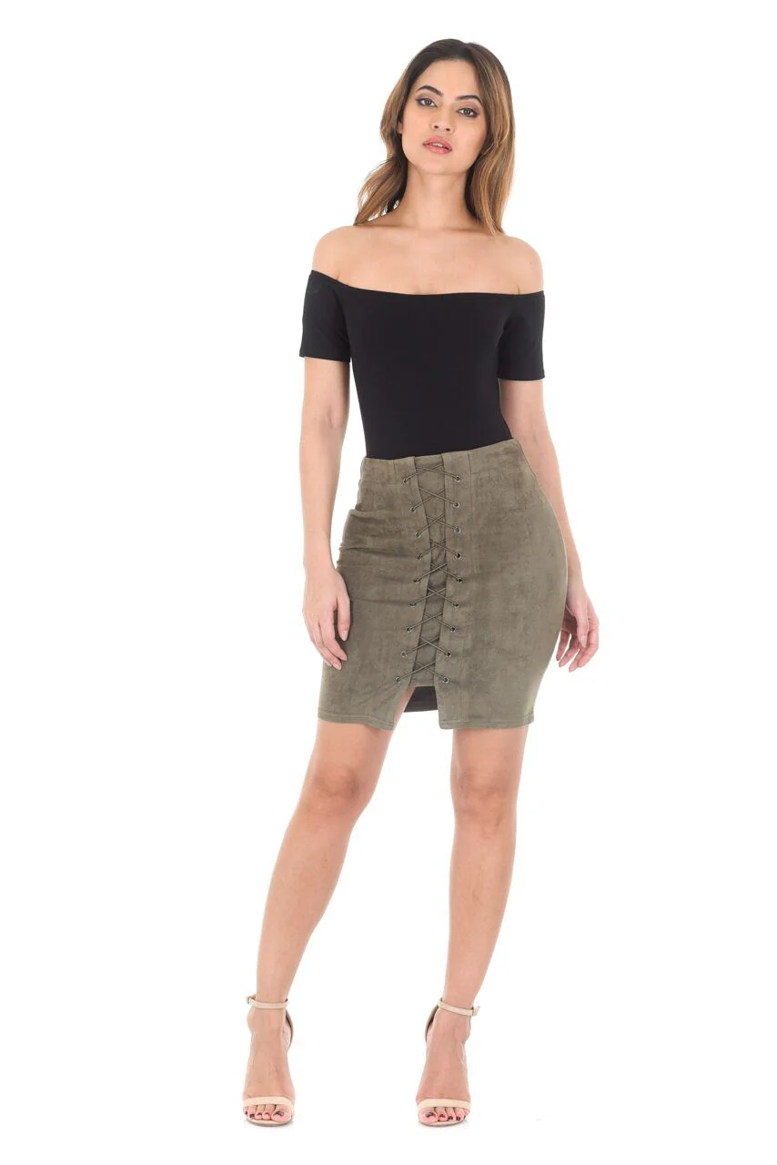 Khaki Suede Corset Detail Mini Skirt - Image 2