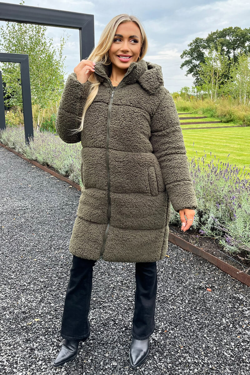 Khaki Teddy Panelled Long Coat - Image 2