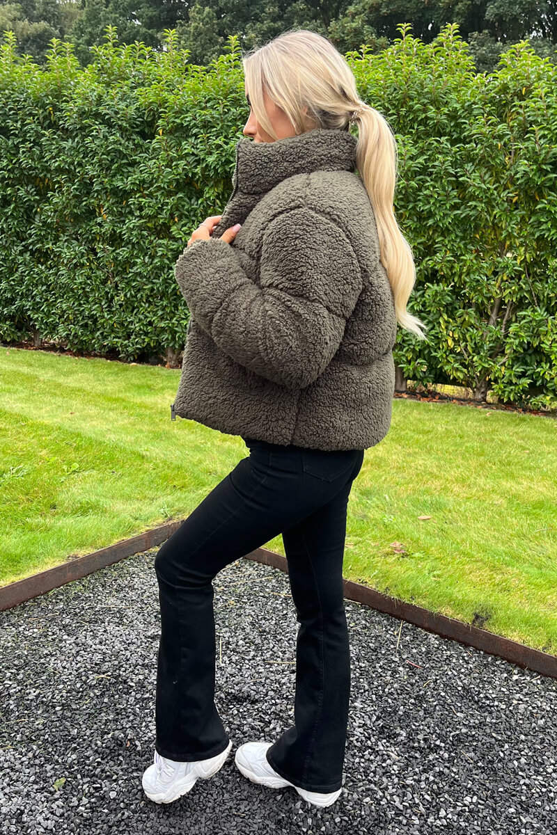 Khaki Teddy Panelled Short Coat - Image 3