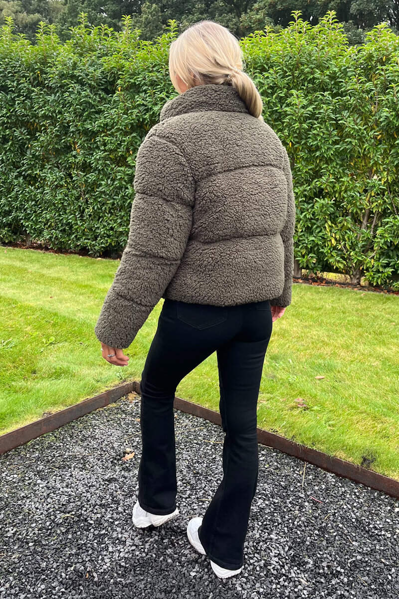 Khaki Teddy Panelled Short Coat - Image 4