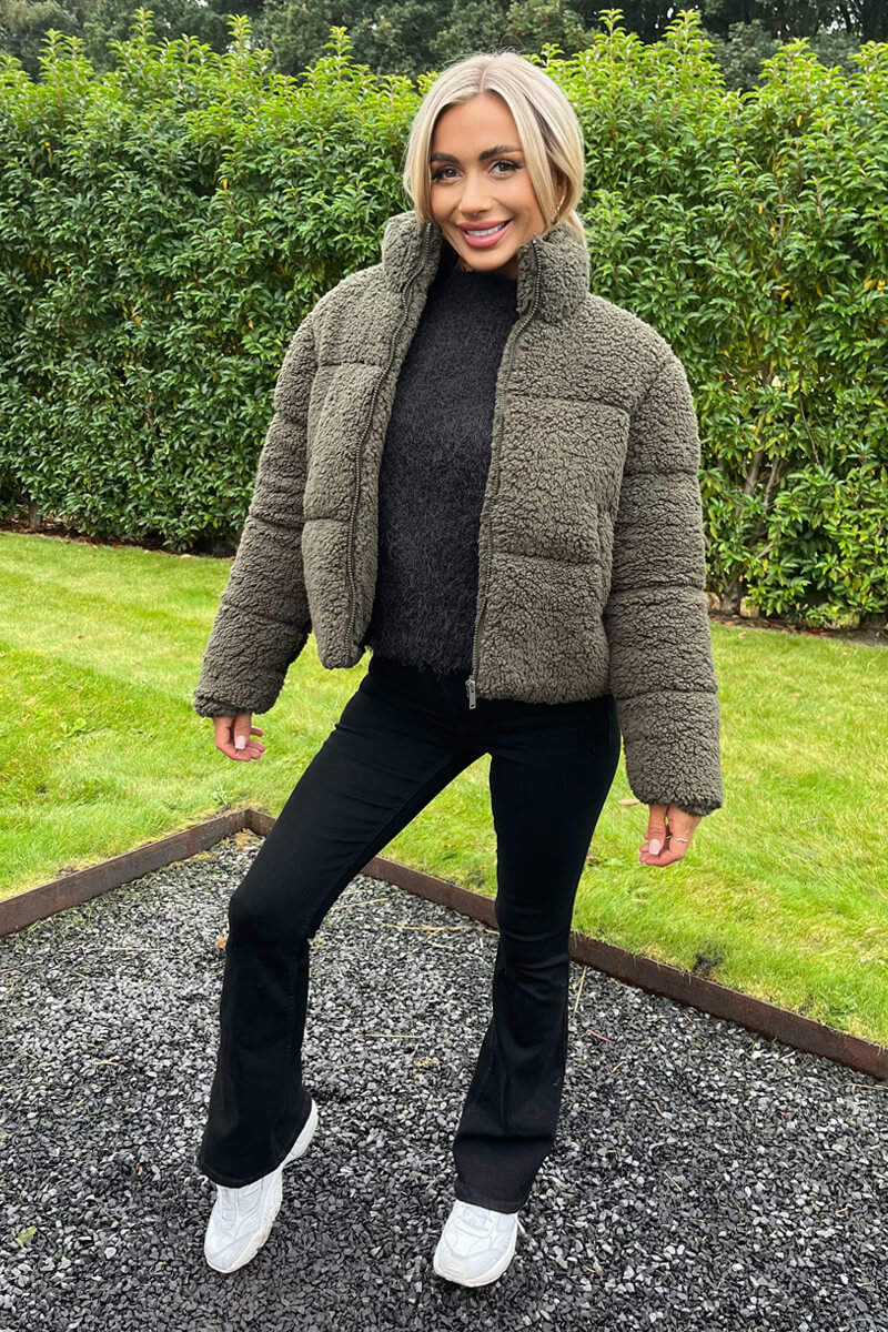 Khaki Teddy Panelled Short Coat - Image 5
