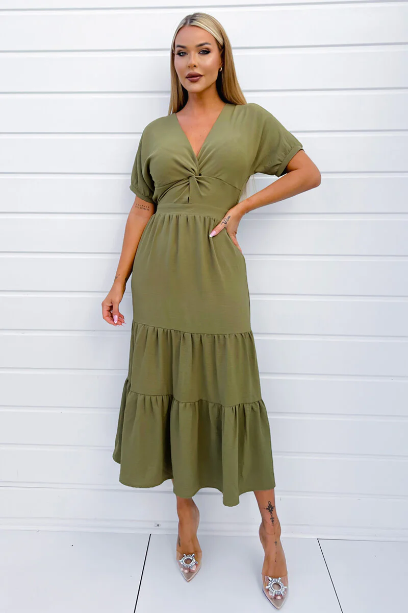 Khaki Twist Front Maxi Smock Dress - Image 2