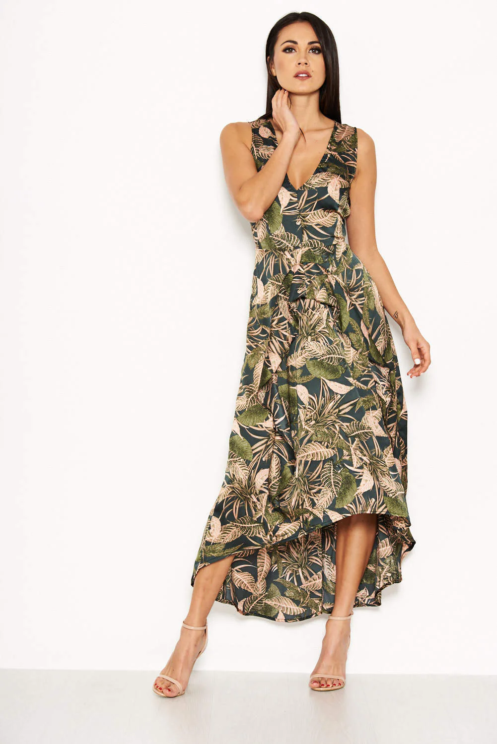Khaki V Neck Leaf Print Dress - Image 2