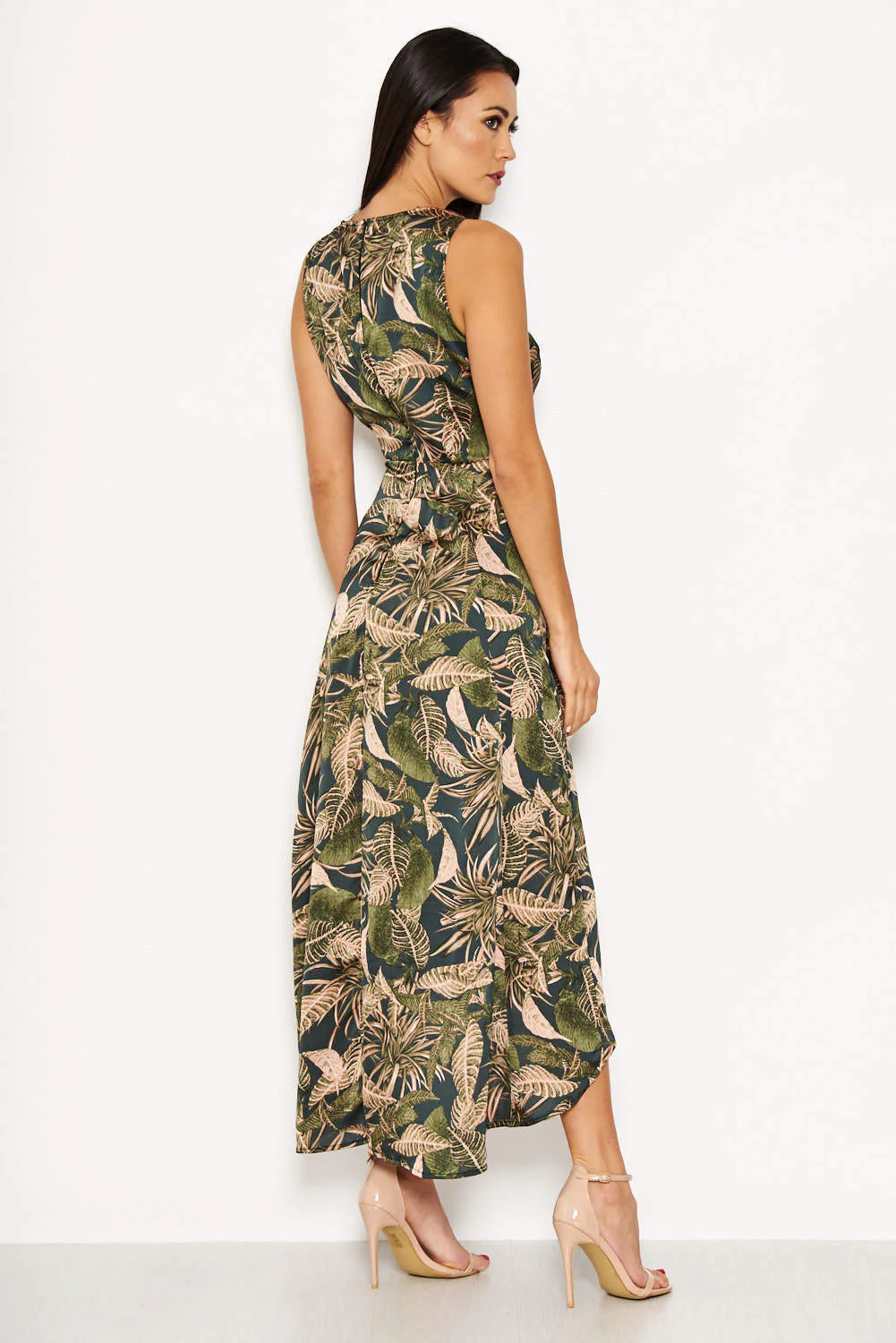 Khaki V Neck Leaf Print Dress - Image 3