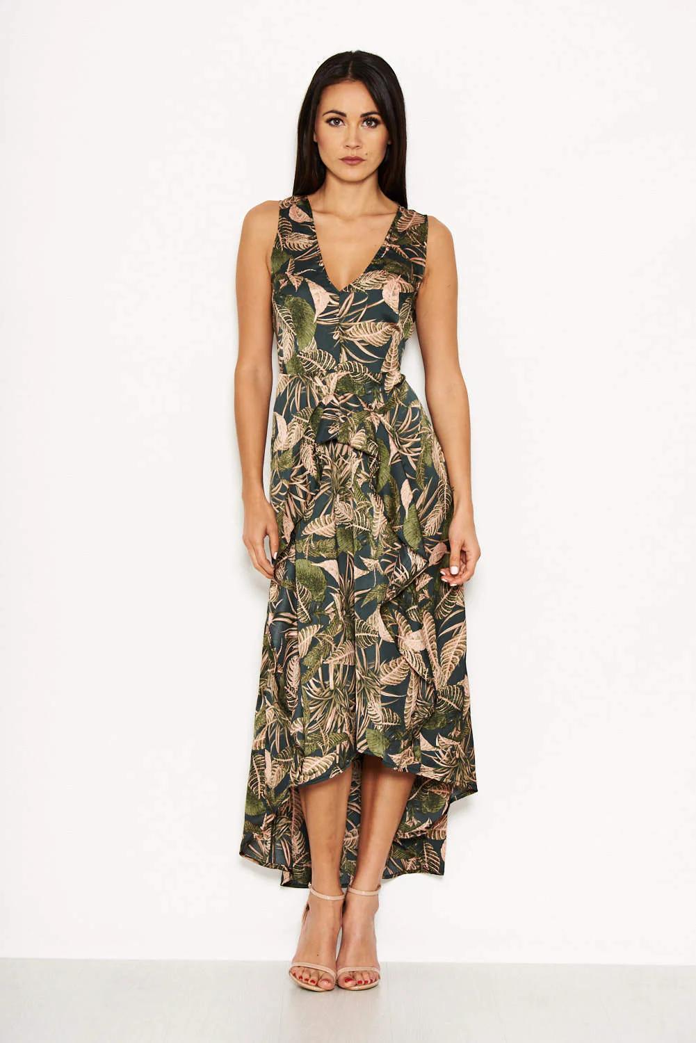 Khaki V Neck Leaf Print Dress - Image 4