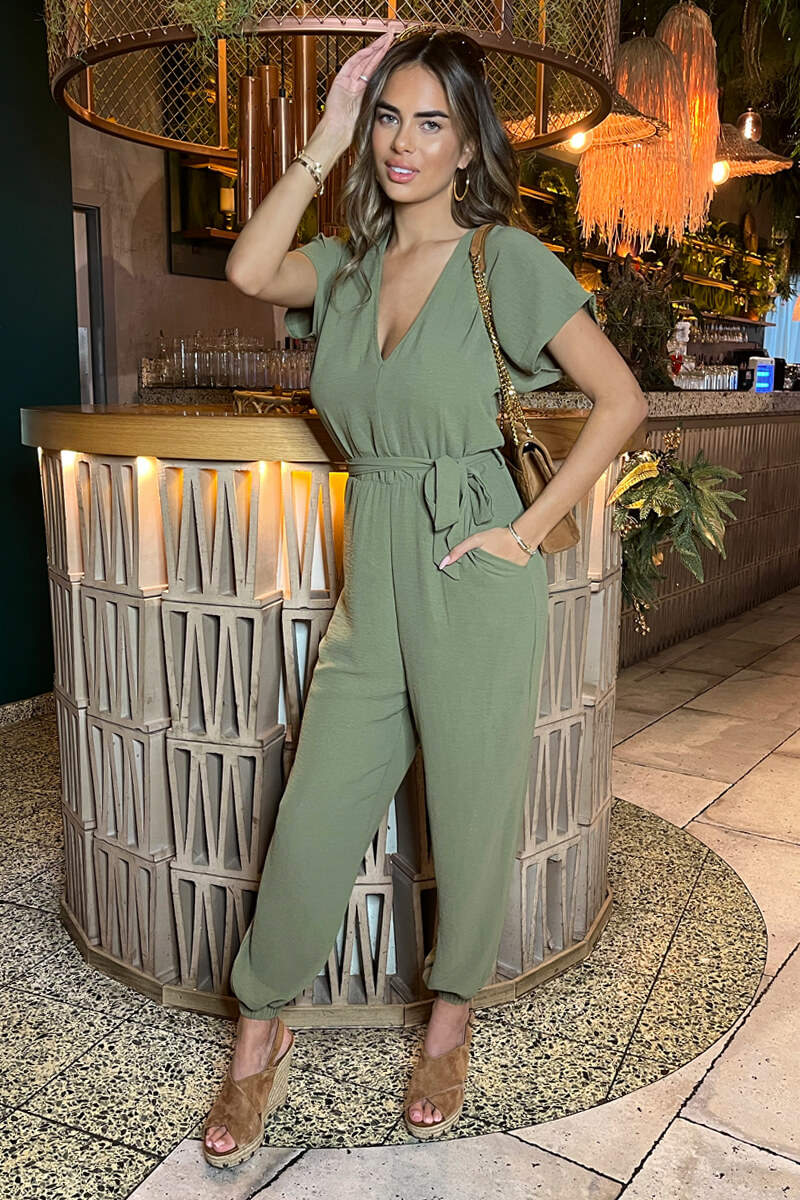 Khaki V-Neck Short Sleeve Belted Elasticated Cuff Jumpsuit - Image 4