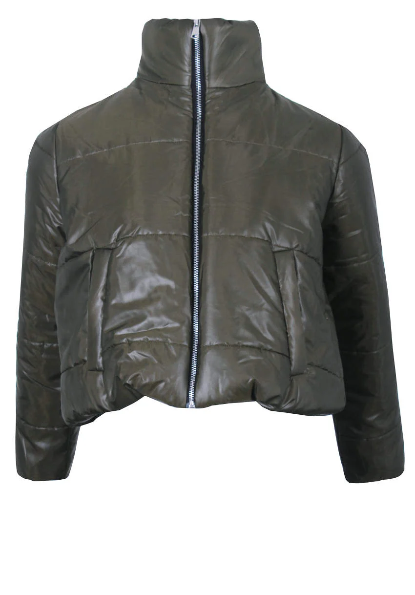 Khaki Wet Look Puffer Jacket - Image 2