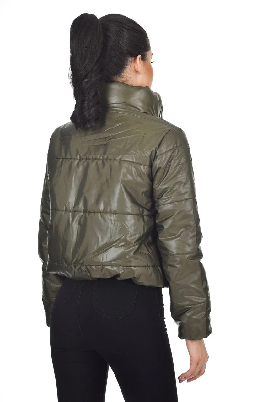 Khaki Wet Look Puffer Jacket - Image 4